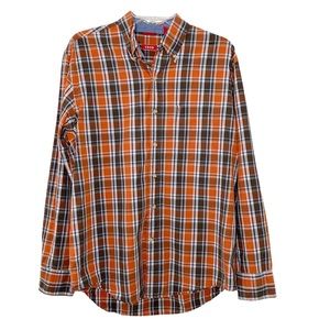 Izod 100% Cotton Plaid Long Sleeve Button Down Shirt Mens Orange Blue Brown